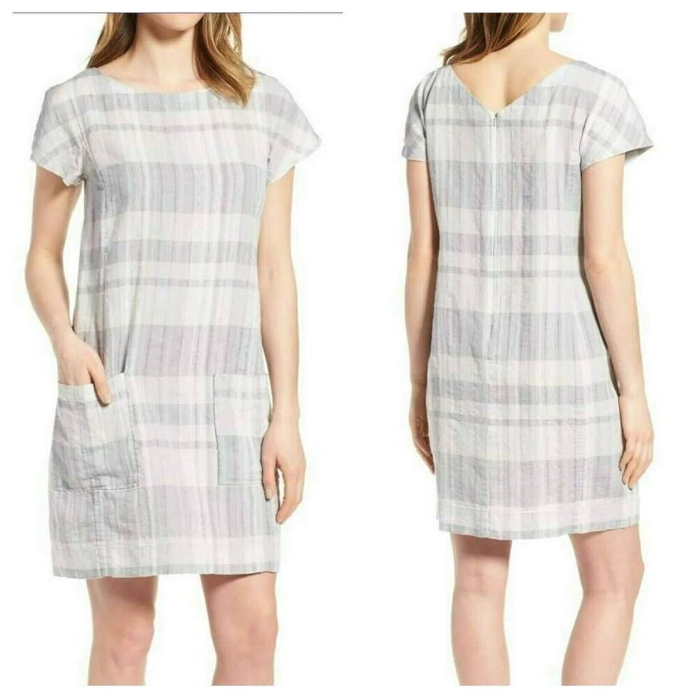 Eileen Fisher Shift Dress Womens Small‎ Gray Plaid Chambray Airy Organic Linen